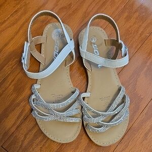 Soda White and Tan Strappy Rhinestone Sandals Velcro Strap Size 2